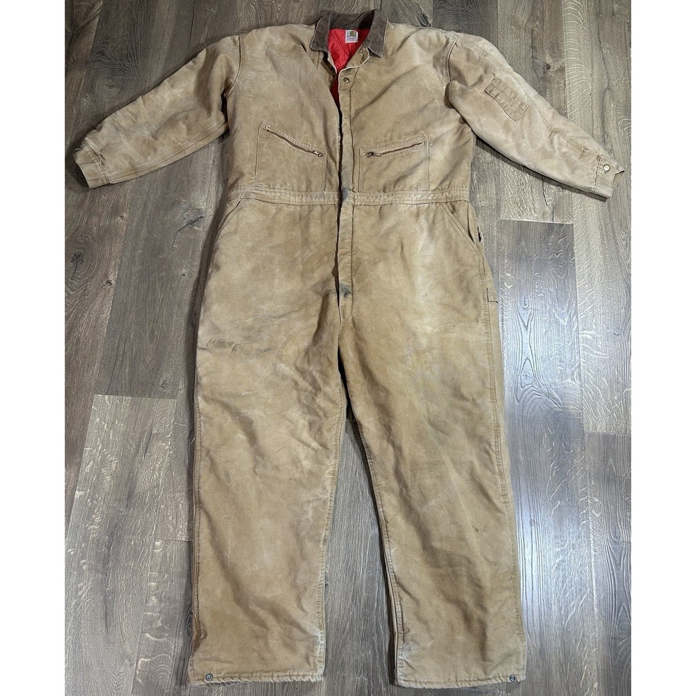Vintage Carhartt Canvas Coveralls Quilt Red Lined Workwear Size 54R